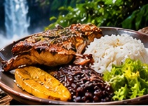 Arroz, frijoles y acompañamientos en un plato · Imagen ilustrativa generada con IA